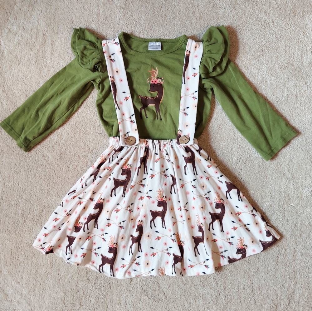 Green Ruffle Shirt with Deer Jumper